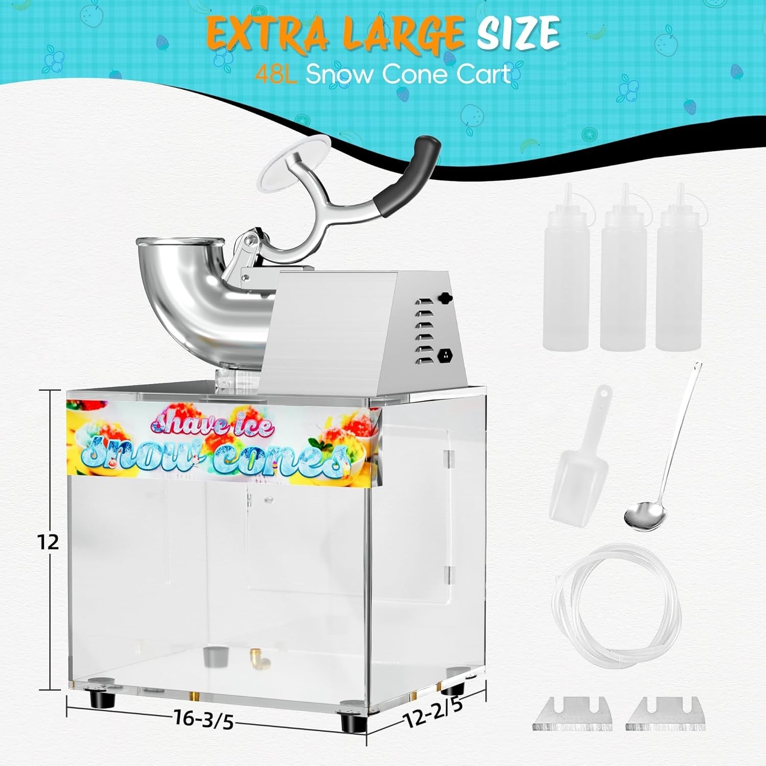 48L Snow Cone Machine, 500LB/H Commercial Shaved Ice Machine for Snow Cones, 30