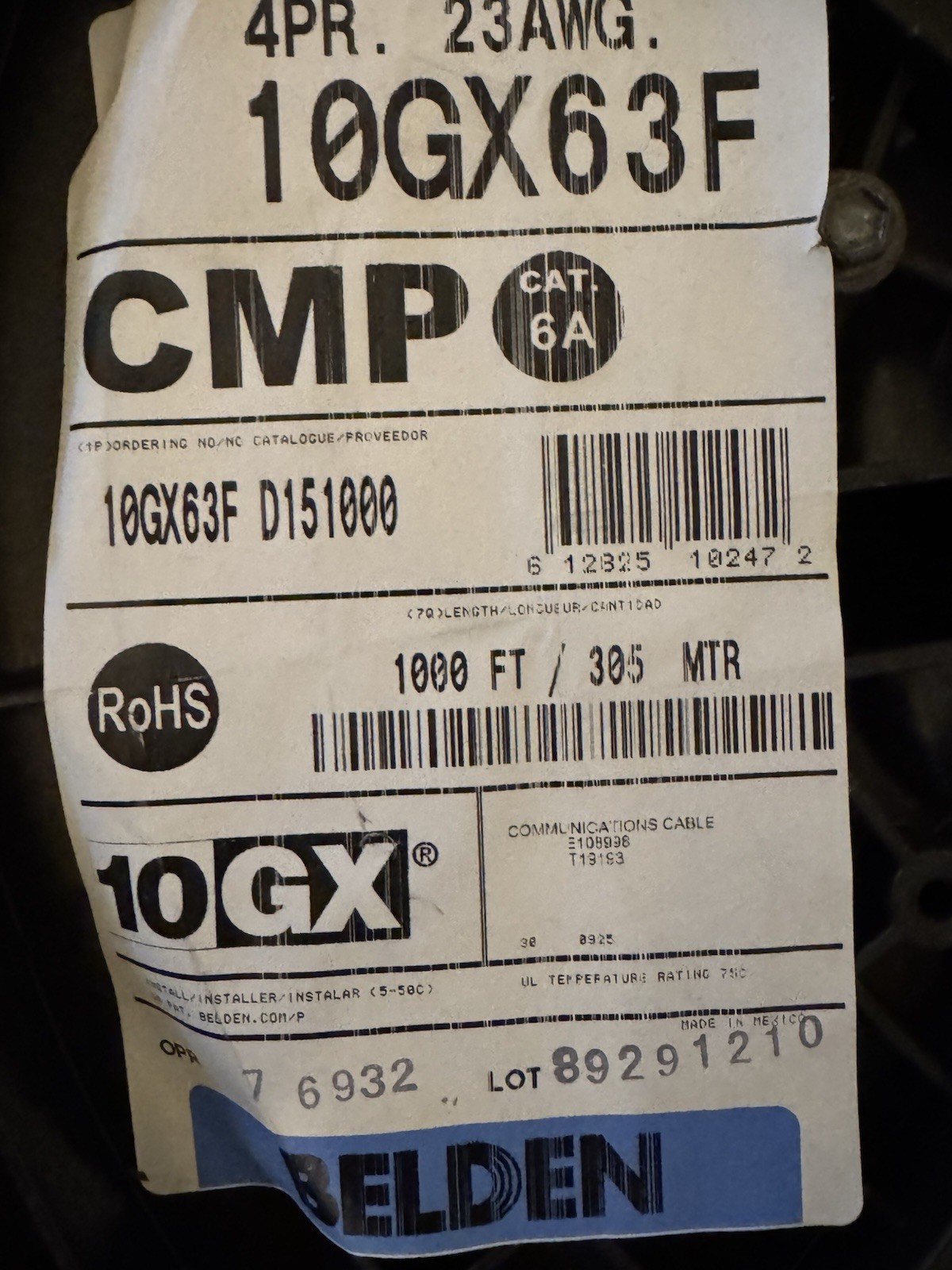 Belden 10GX63F Cat6A CMP Network Cable 4PR 23 AWG Copper 1000 ft Beige