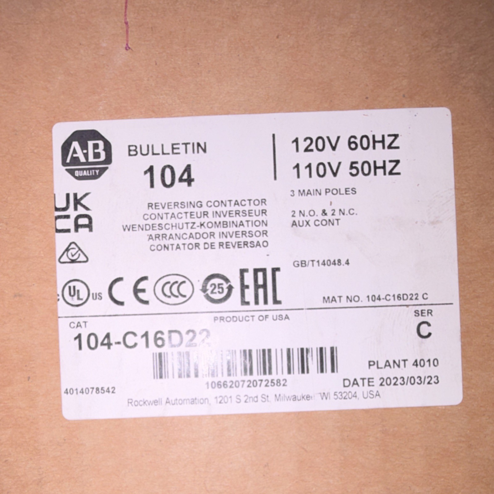 Allen-Bradley 104 Reversing Contactor 104-C16D22 120V 60Hz 110V 50Hz 3P 2NO 2NC