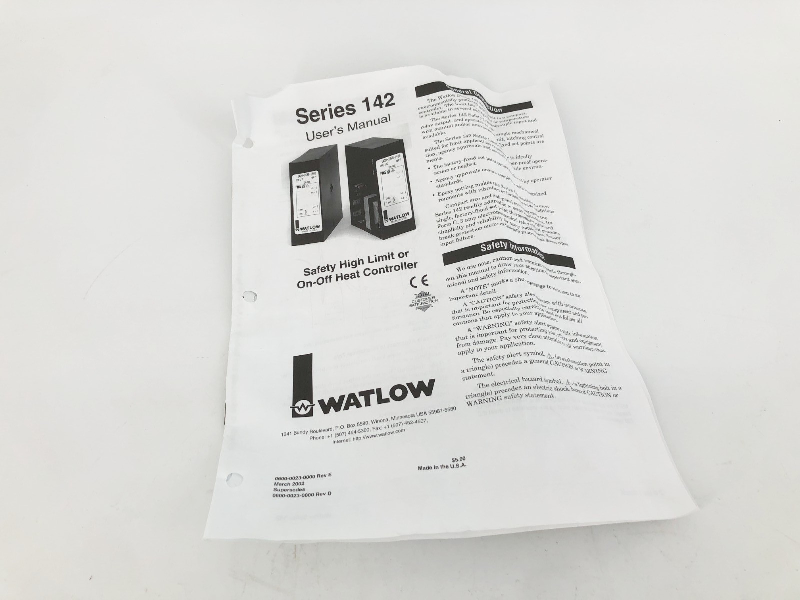 New Watlow 142A-3601-1300 Safety Over-Temp Controller 225F Type J T/C 120V