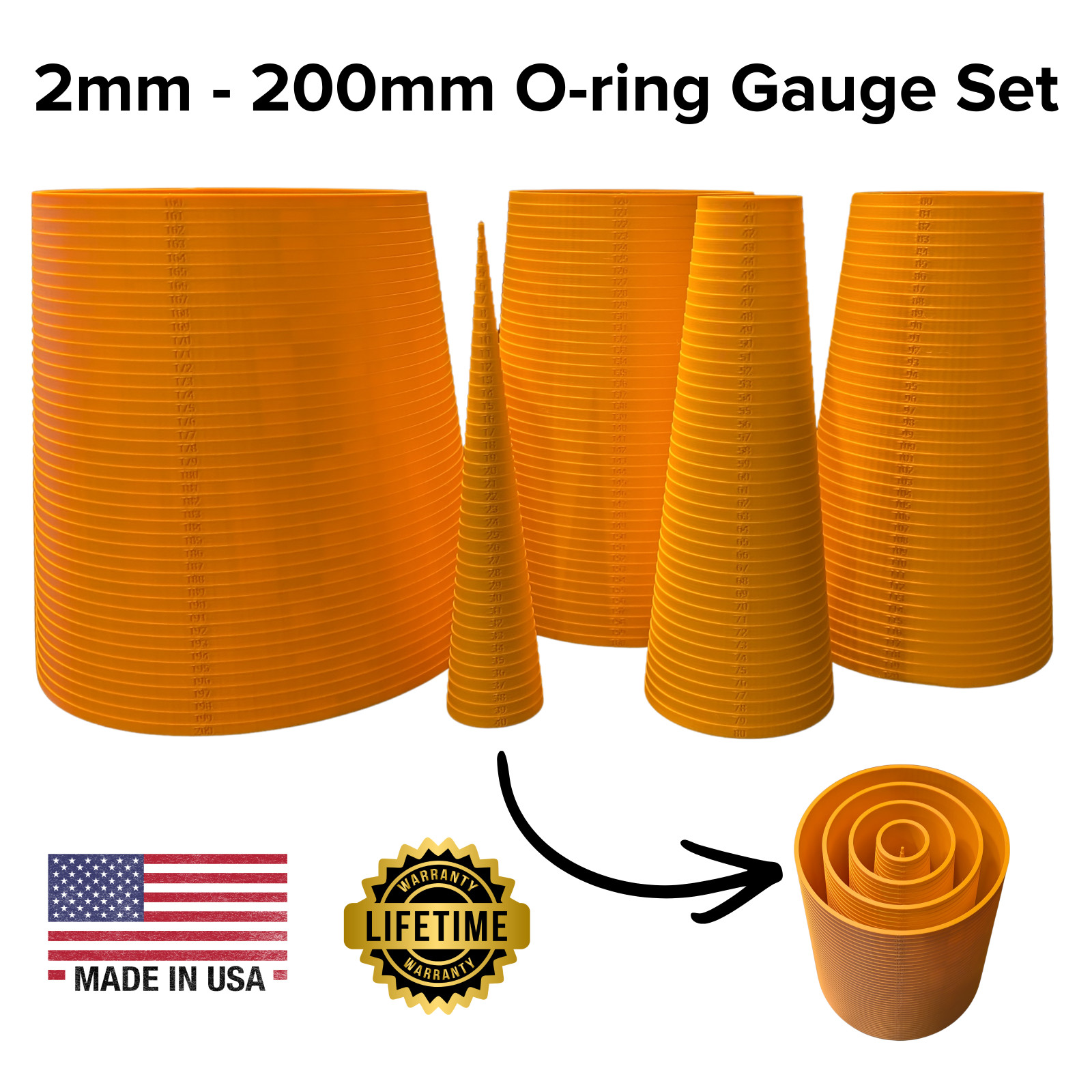 O-Ring Sizing Cone Measuring Tool Gauge Set 2mm – 200mm Orange