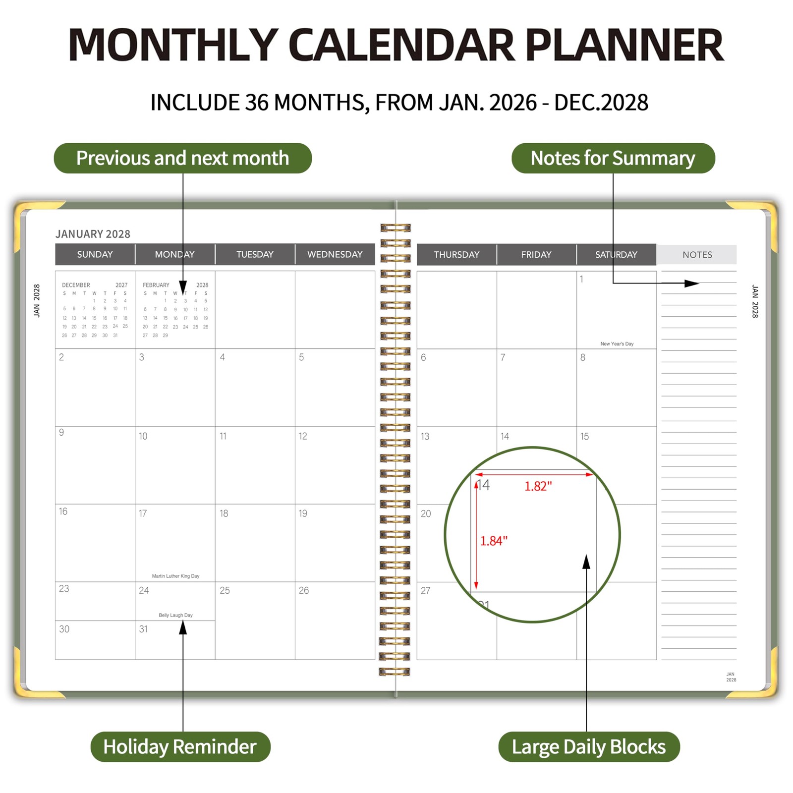 3 Year Monthly Planner 20262028 8.5 x 11 Spiral Bound Notes Pages for School &