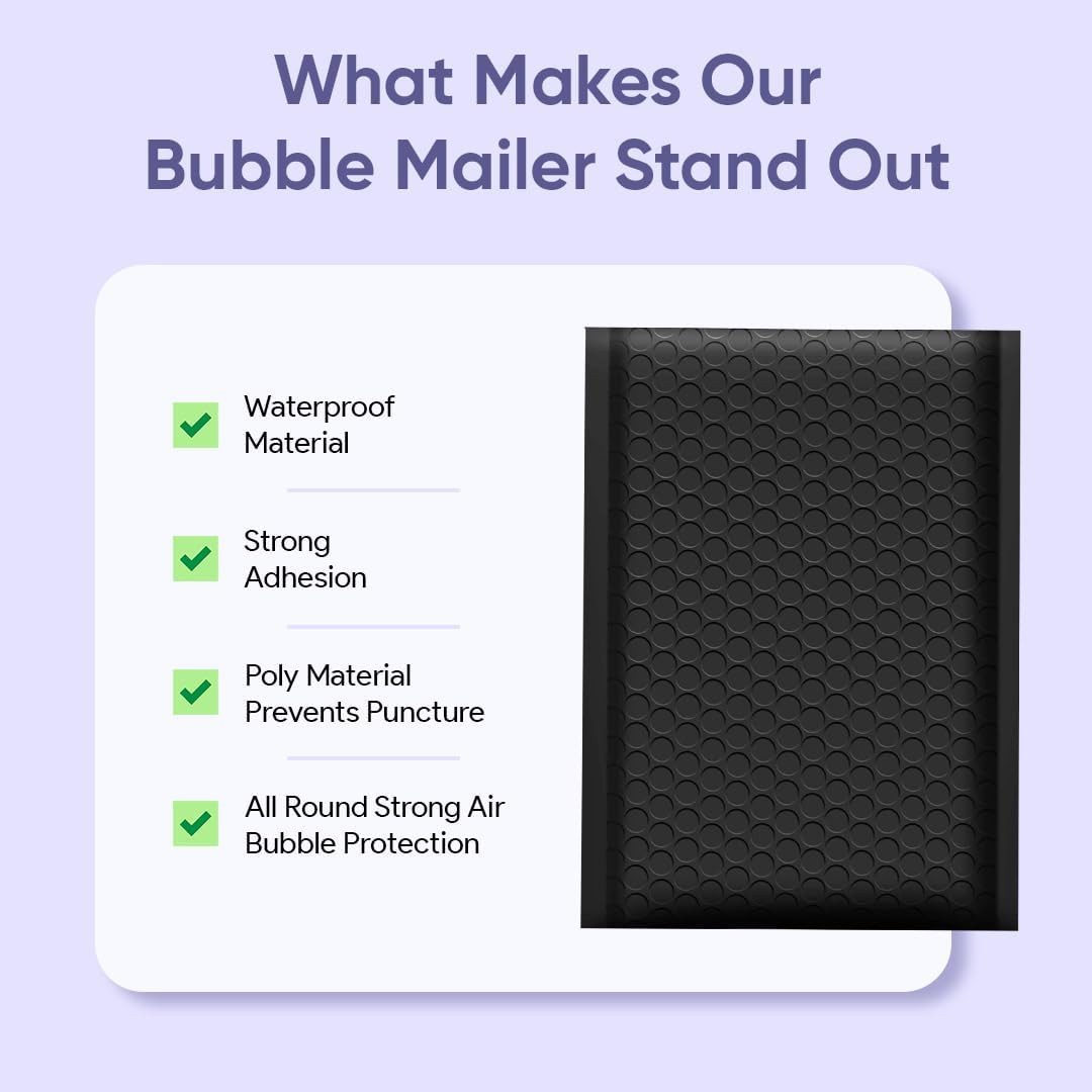 Black Bubble Mailers 9.5×14.5, Self Seal Poly Padded Envelopes #4, 100 Pack | Fi