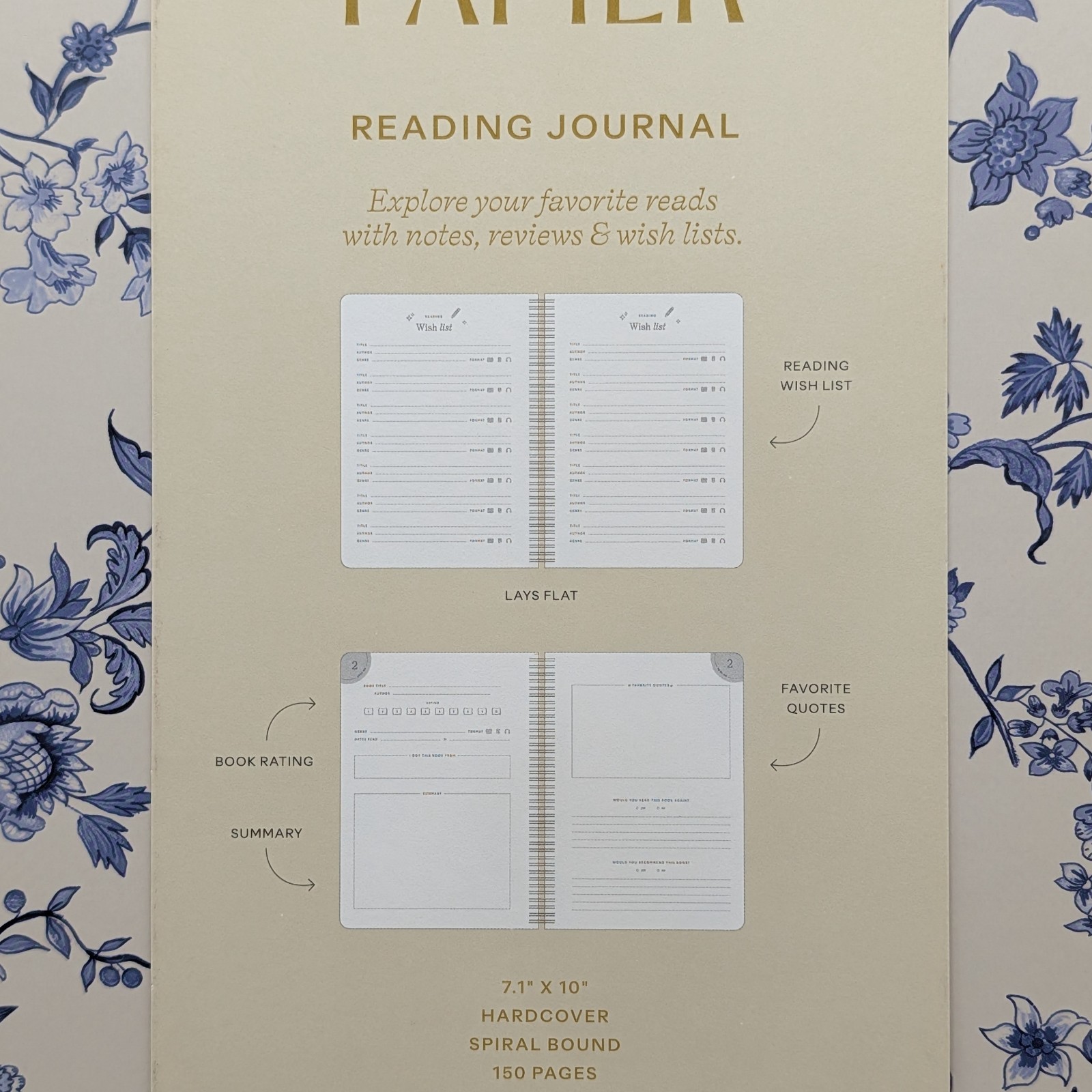 PAPIER Reading Journal Toile Blue B5 Hardcover Spiral Bound 24 Book FREE SHIP