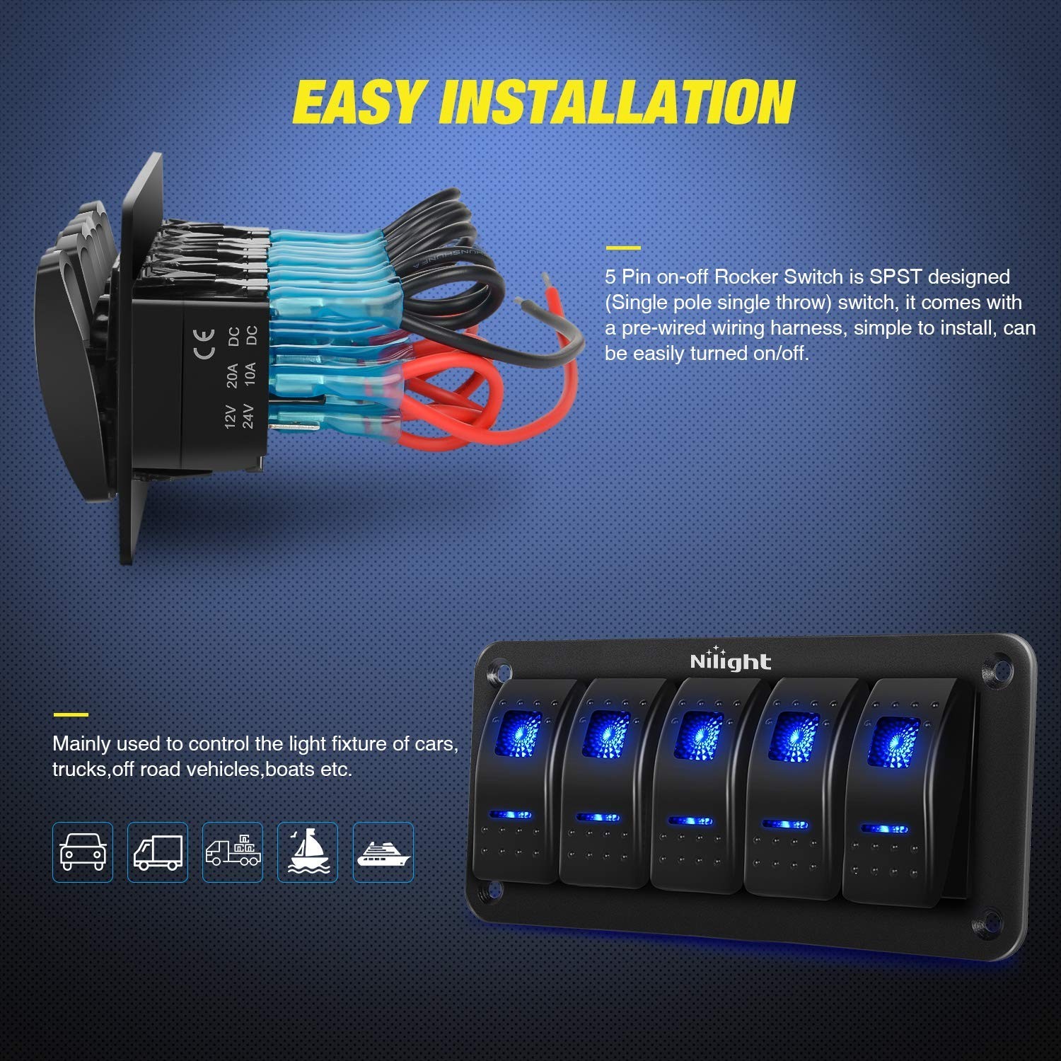 Customizable Pre-Wired 5 Gang Rocker Switch Panel for Automotive & Marine Use