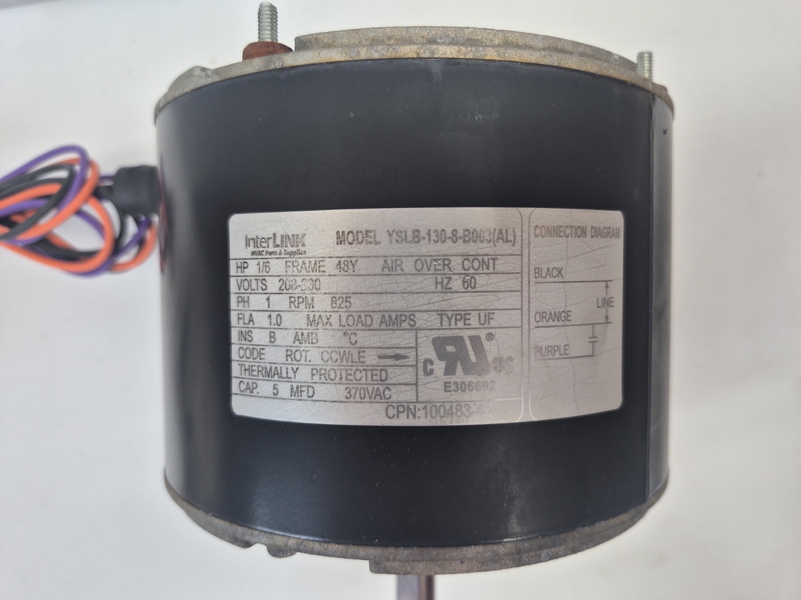 InterLink YSLB-130-8-B003(AL) Condenser Motor 100483-42 1/6HP 825 RPM 230V used