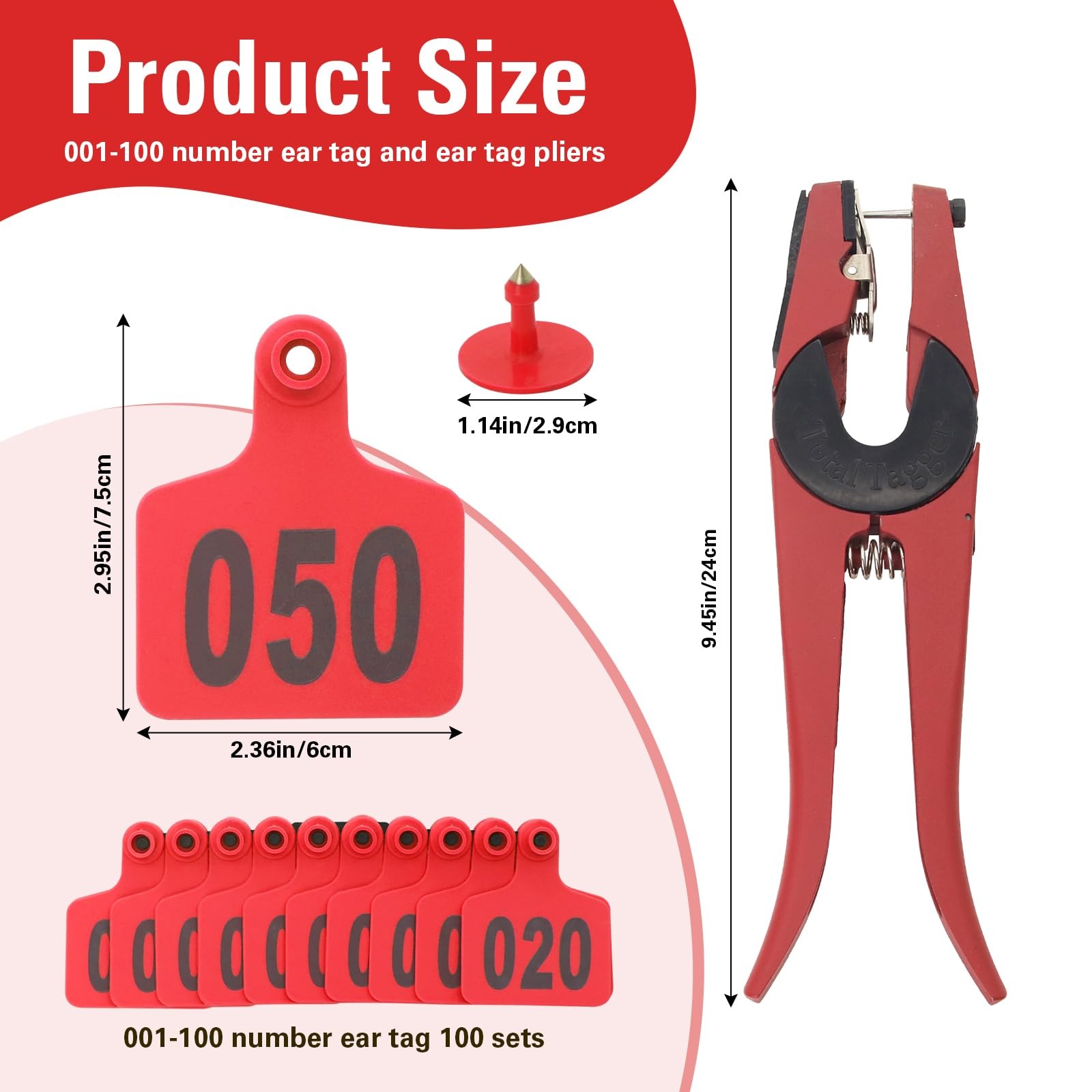 Cattle Ear Tags 001-100 Number Plastic Livestock Animal Tag for Small, Red