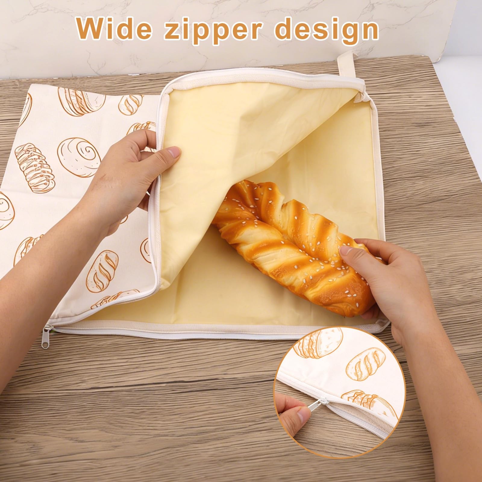 2pcs Wide Zipper Access Beeswax Bread Bag, 16.93 x 13.11 inches, brown, white