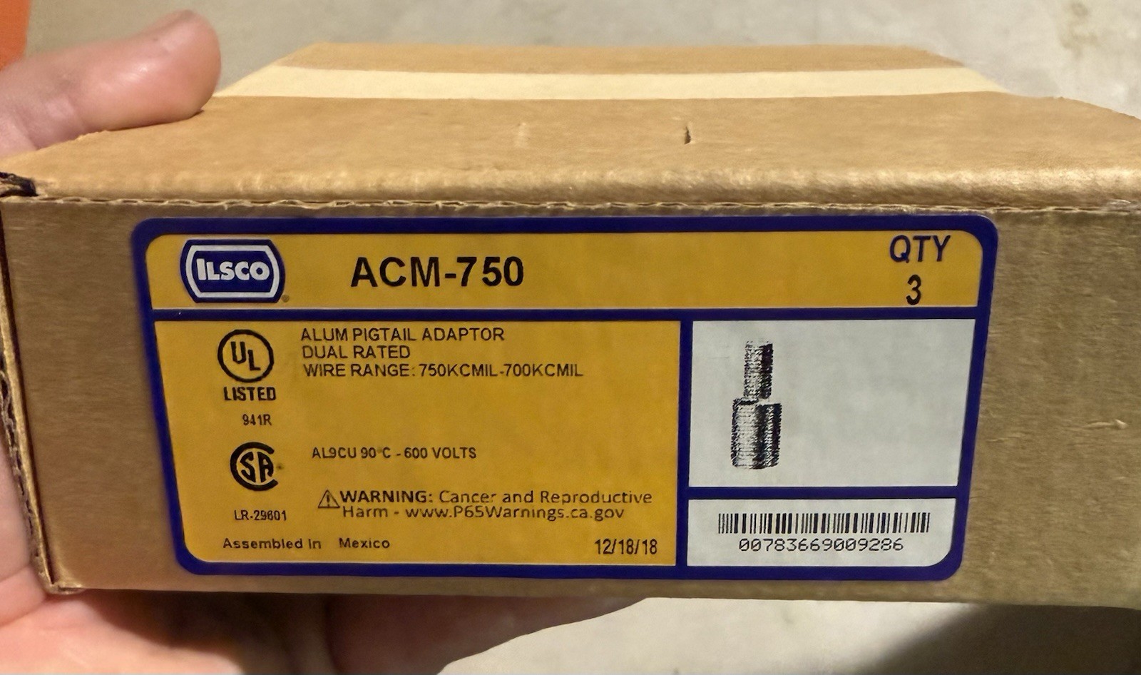 NEW ILSCO ACM-750 ALUM PIGTAIL ADAPTOR 750KCMIL-700KCMIL DUAL RATED AL9CU 600V