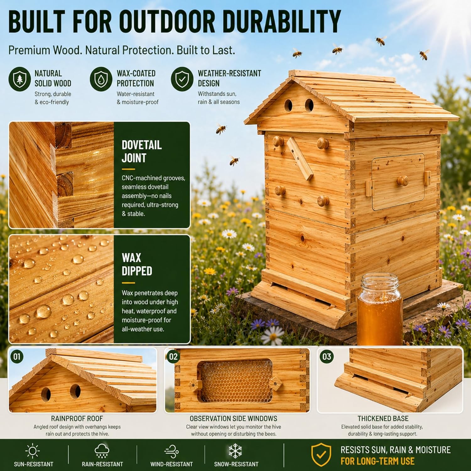 Auto Beehive Starter Kit Wooden Bee Hive Box with 7pcs Honey Tap Frames Beginner