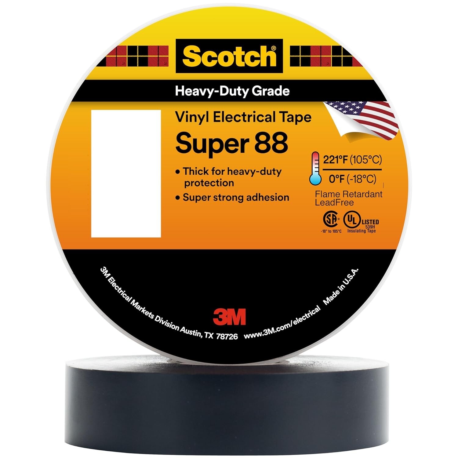 3M Scotch Vinyl Electrical Tape Super 88, 3/4 in x 44 ft, Black, 1 roll, Premium