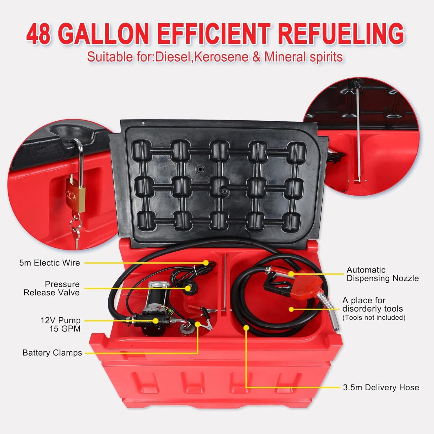 Portable 48 Gallon Fuel Tank with Pump for Gasoline & Diesel, 12V DC Pump