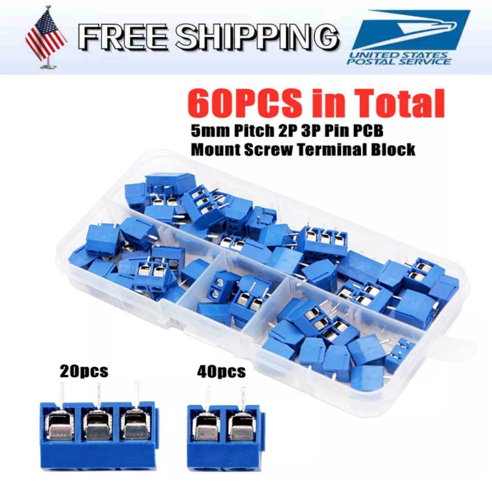 60Pcs Blue KF301-2P/3P PCB Mount Screw Terminal Block Connector 2/3Pin 5mm Pitch