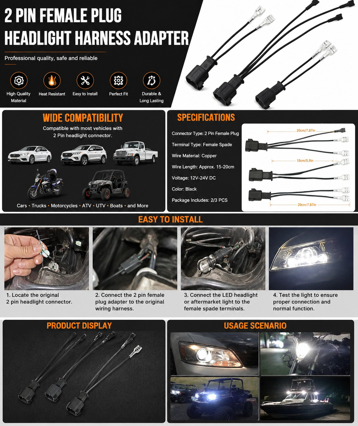 Car Horn Connector Adapter Wiring Harness 3PCS Pigtail for Ford Chevy GMC Ram Te
