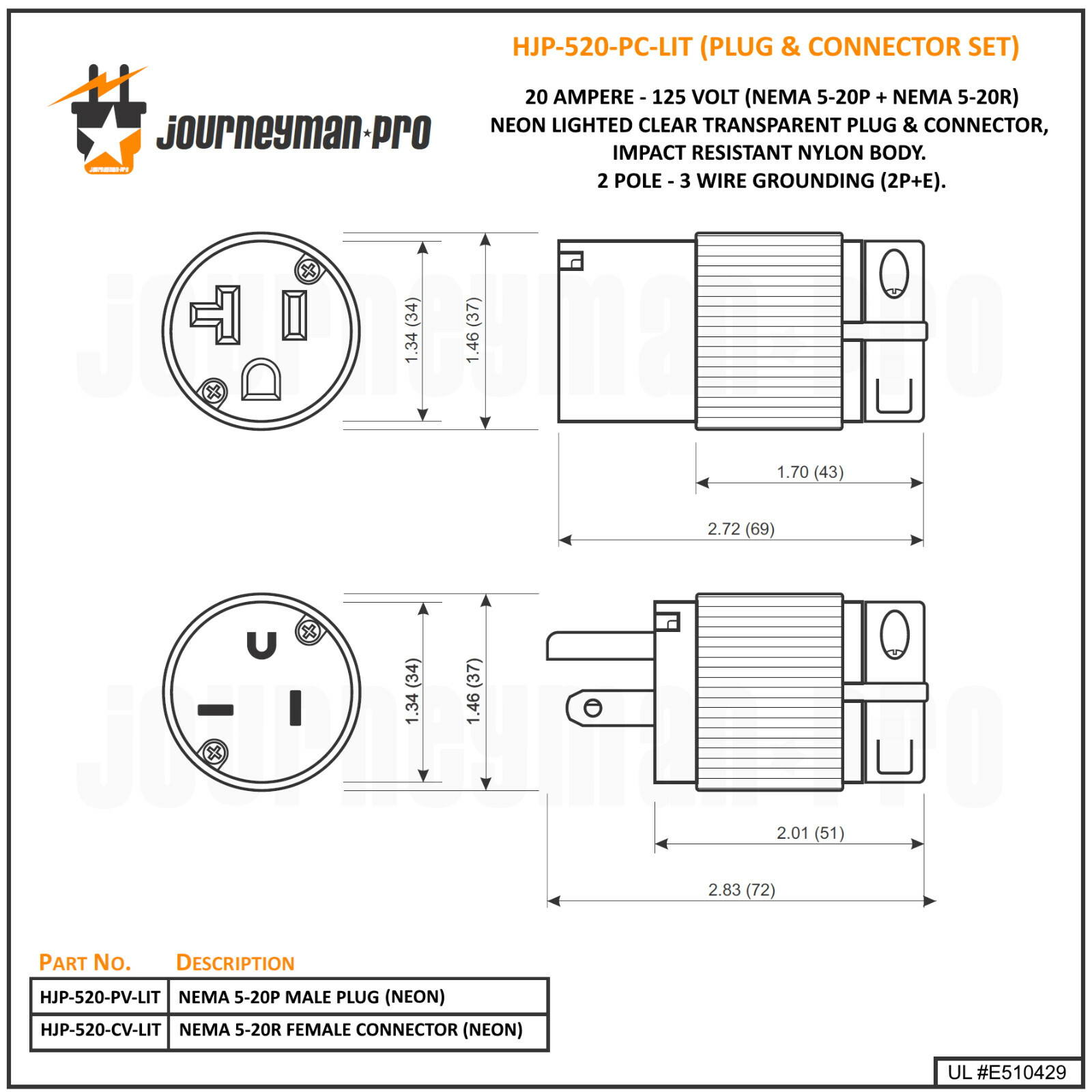 Male Female Plug Connector Replacement Lighted Cord Repair Ends 20A 125V 5-20