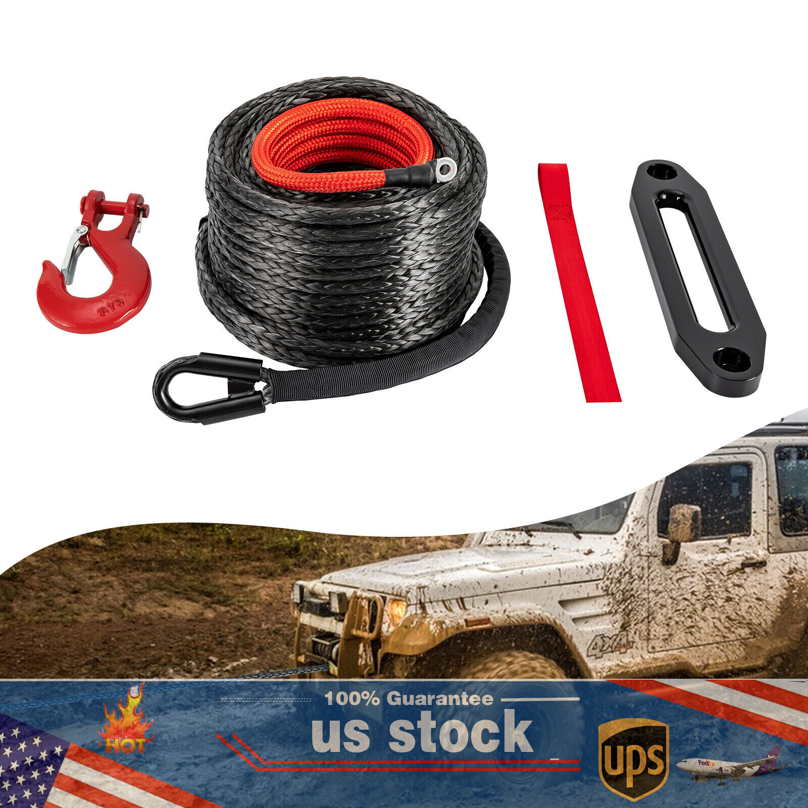 1/2″x92ft Synthetic Winch Line Cable Rope With Sleeve + Winch Hook For ATV UTV