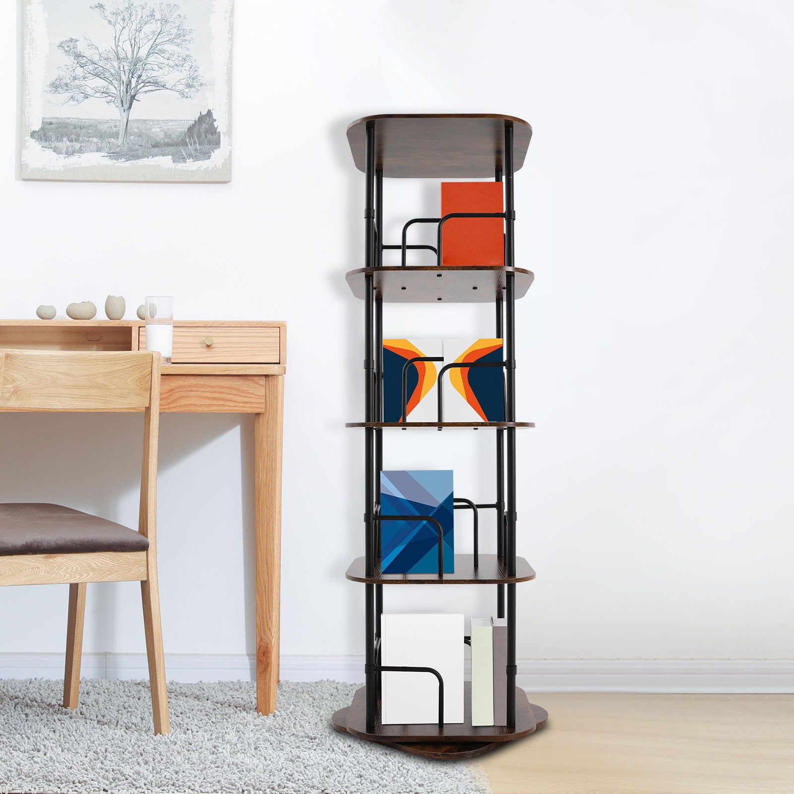4-Tier Rotating Bookshelf, Book Storage Shelf, Floor Standing Rotating Bookshelf