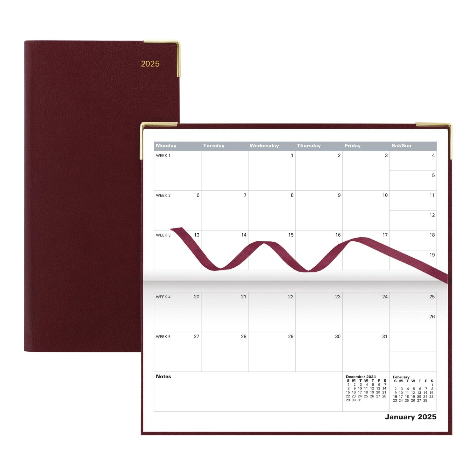 Letts of London Classic 2025 Monthly Planner, Slim, 6.625″ x 3.25″, Burgundy