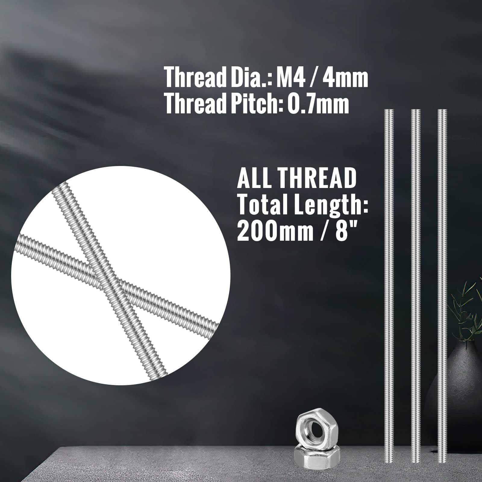 12 Pack 8/32 Inch M4 Threaded Rod w/ Hex Nuts Stainless Steel 8 Inch Studs Rods
