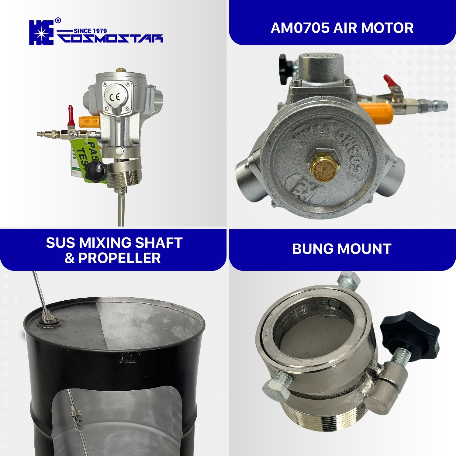 COSMOSTAR 55 Gallon Pneumatic Agitator 1/8HP Bung Mount Tank Barrel Drum Mixer