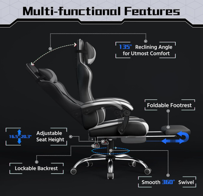 Silla gamer ergonómica con masaje lumbar, reposapiés y altura ajustable, Nuevo