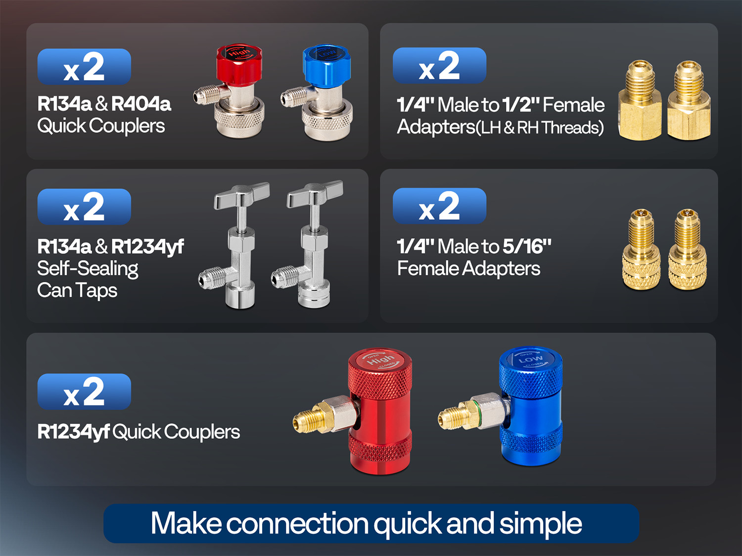 HVAC 4 Way Manifold Gauge Set with R134a R1234yf Quick Couplers and Can Taps