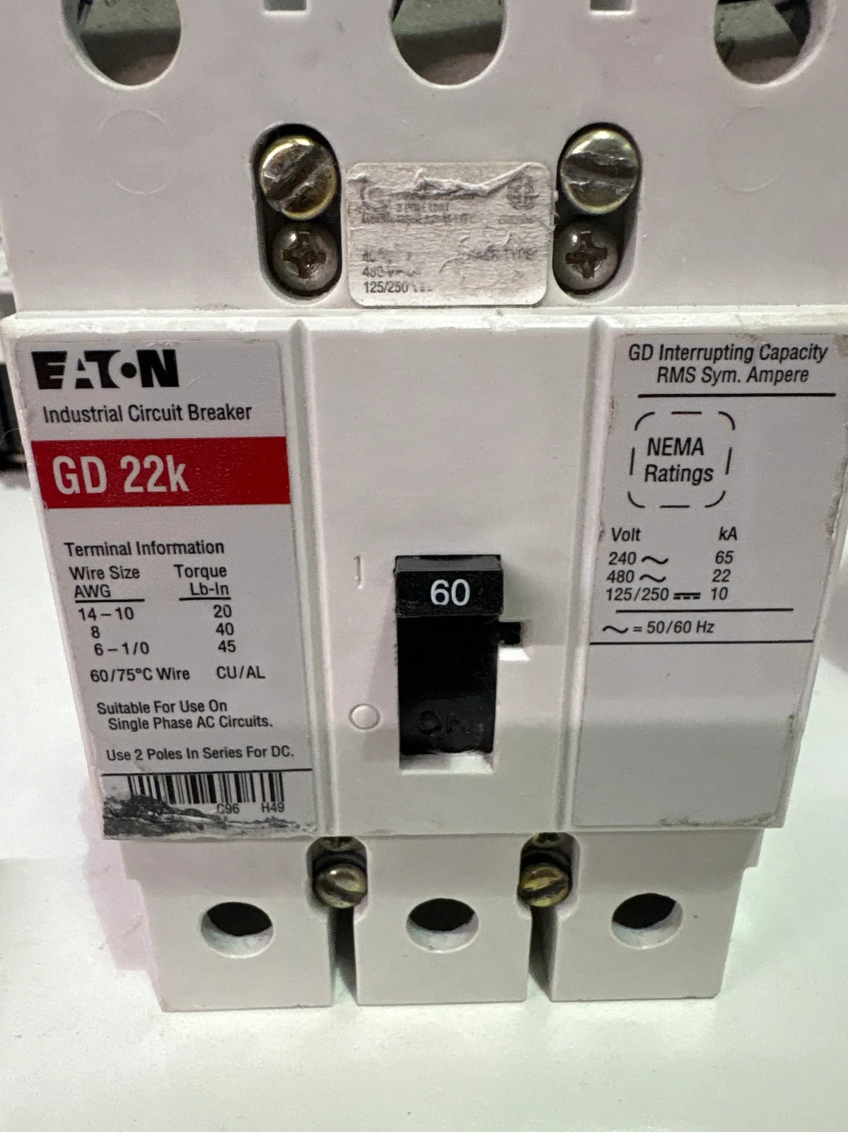 Eaton GD 22k 60A 3 Pole Circuit Breaker Industrial Electrical Panel