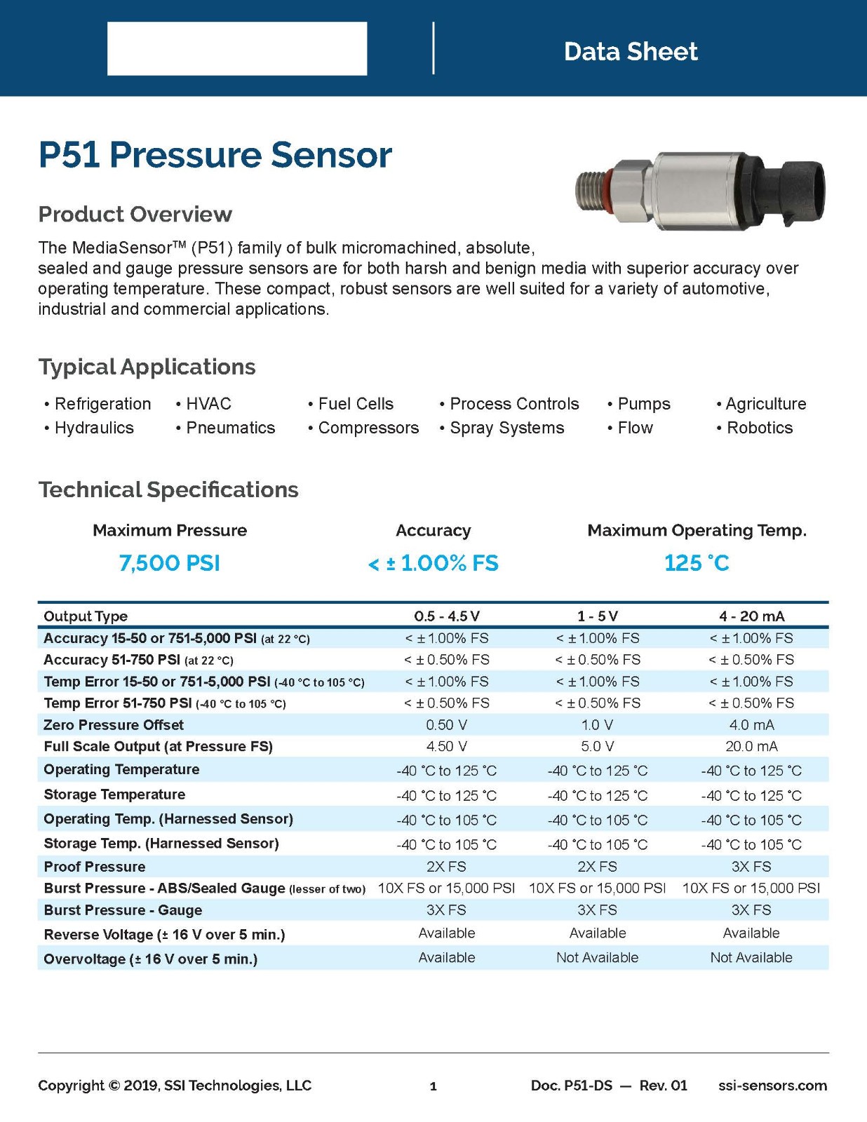 0-200PSI SSI Pressure Sensor 1/4-18NPT 0.5-4.5V (P51-200-G-A-I79-4.5V-000-000)