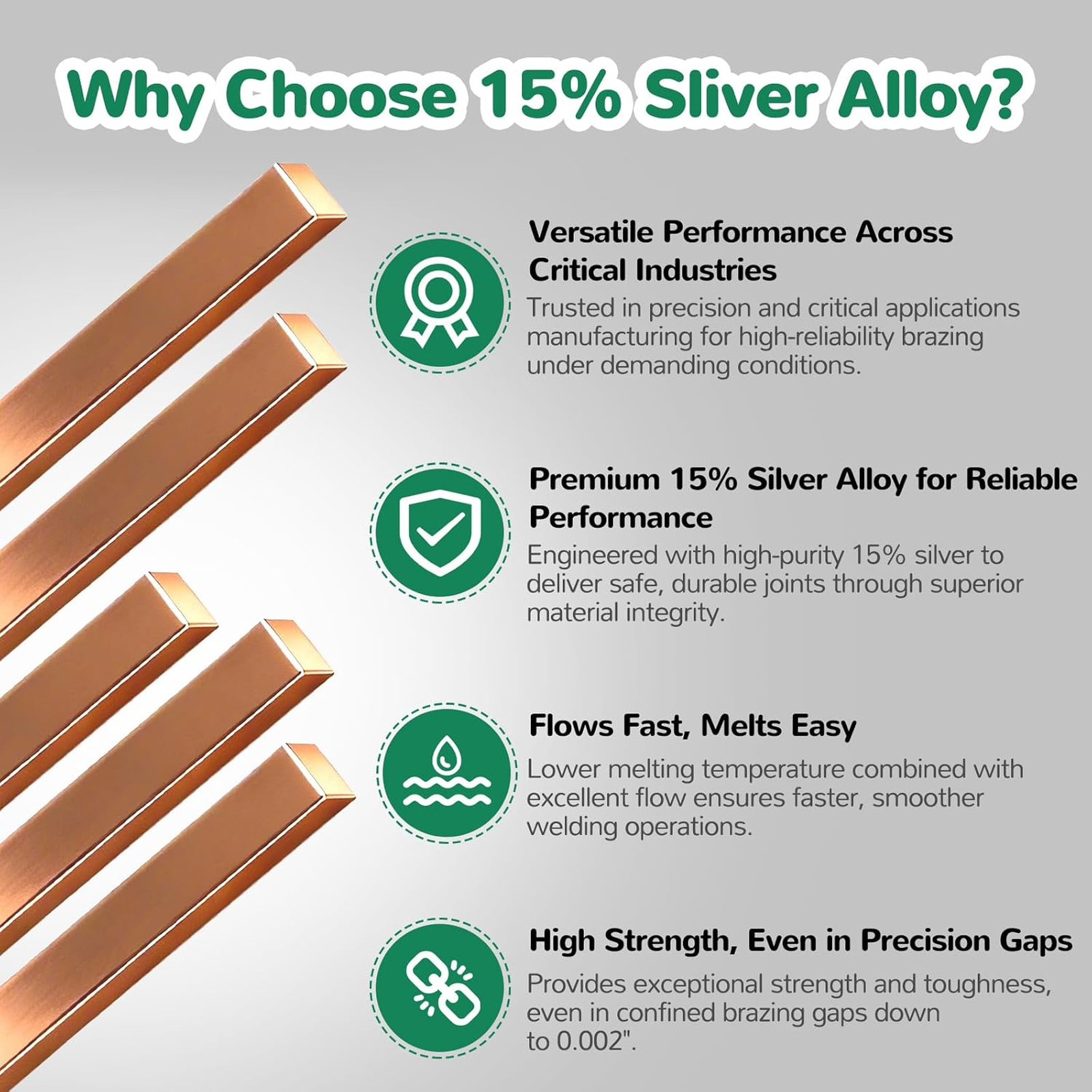 Copper Brazing Rods 15 Silver AWS BCuP-5 0.050×1/8×10 Inches HVAC Refrigeration