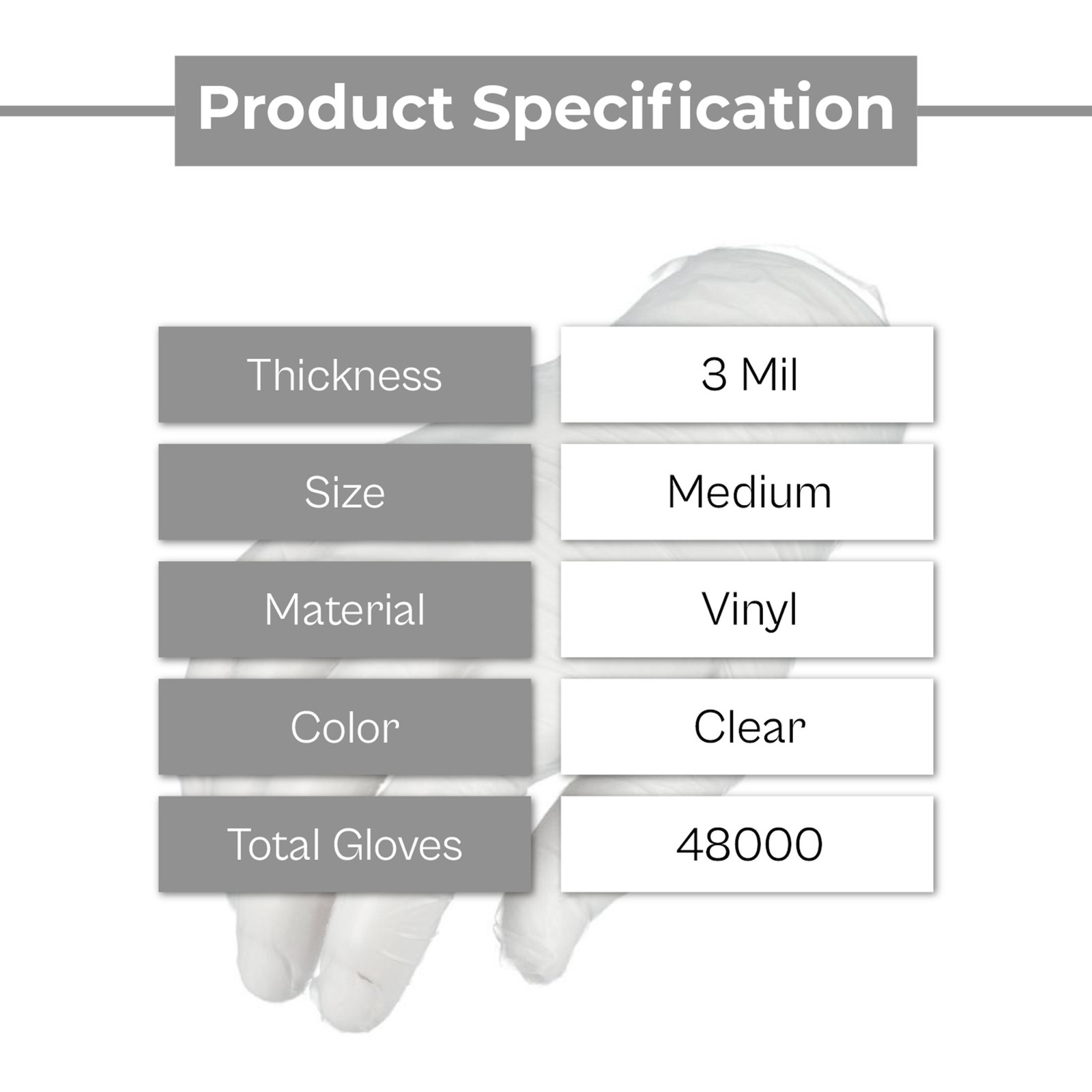 48000 Non Exam Latex and Powder Free Vinyl Non Exam Gloves 3 Mil Medium Clear