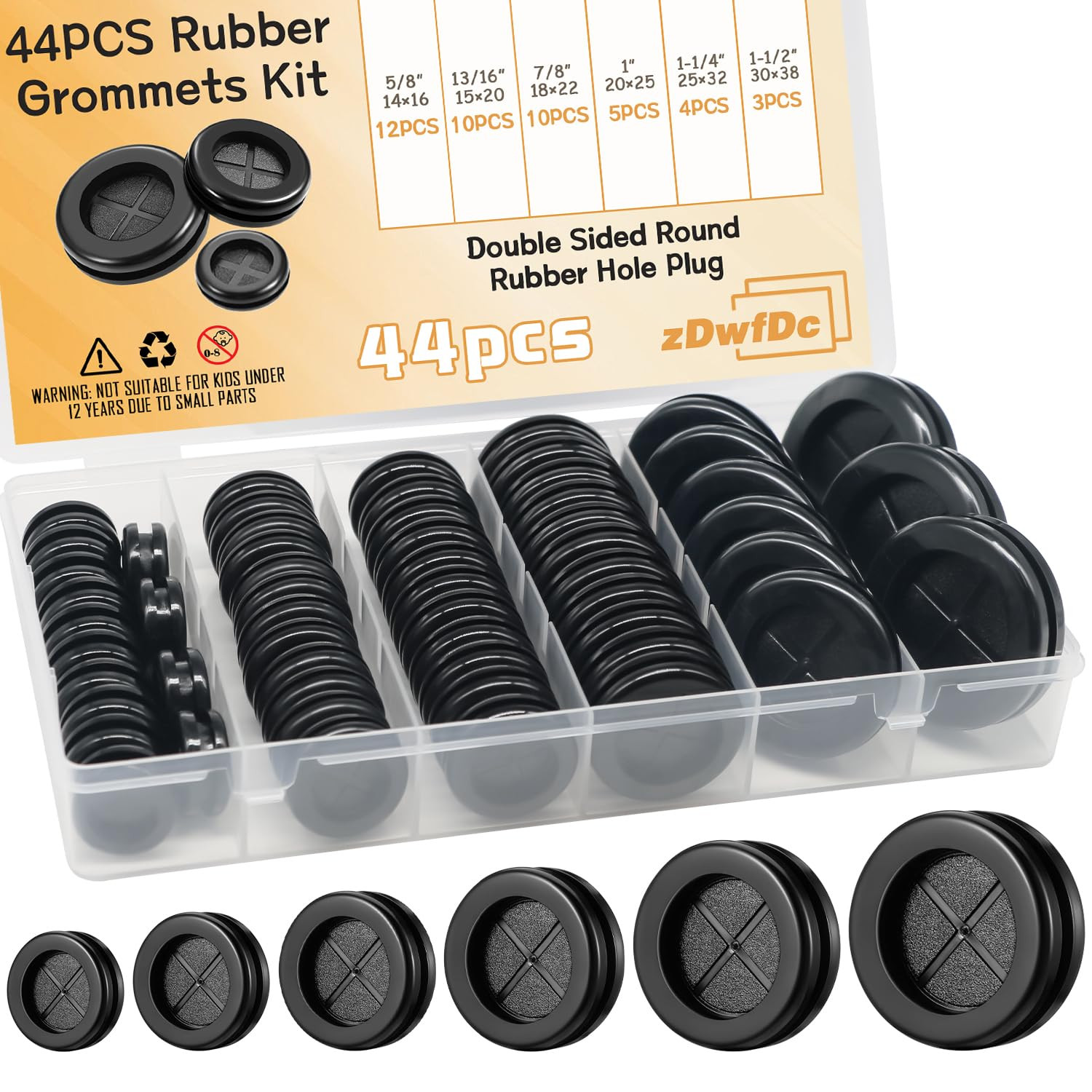 44PCS Rubber Grommet Kit 6 Sizes (5/8″,13/16″,7/8″,1″,1-1/4″,1-1/2″) Rubber Grom