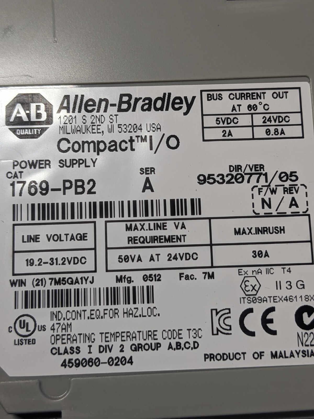 1769-PB2 Allen Bradley Micrologix Compact I/O Power Supply