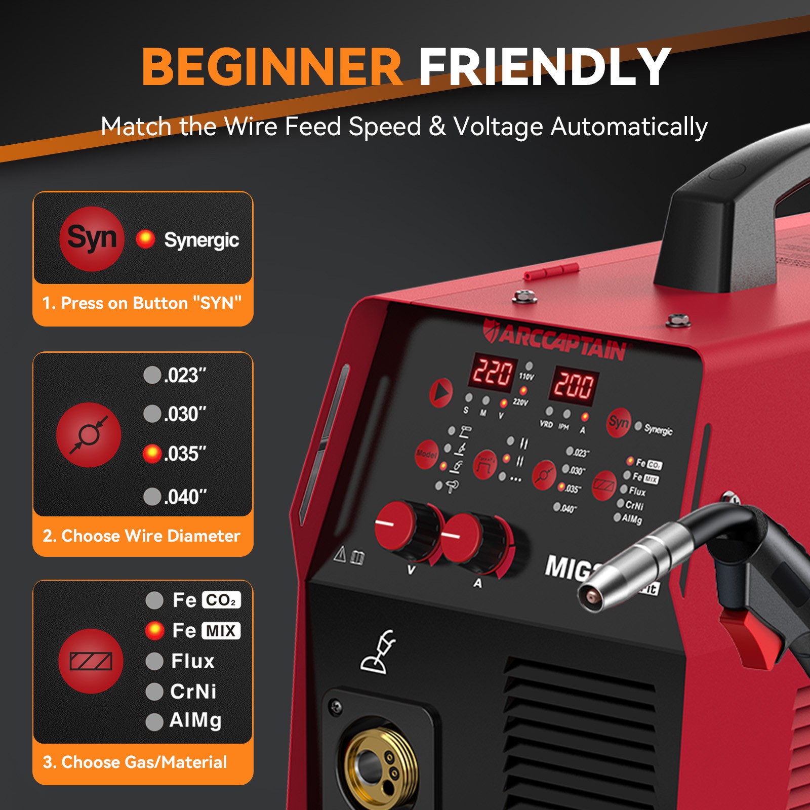 ARCCAPTAIN 200A MIG Welder 6 in 1 Welding Machine Gas/Flux/Lift TIG/MMA/Spot