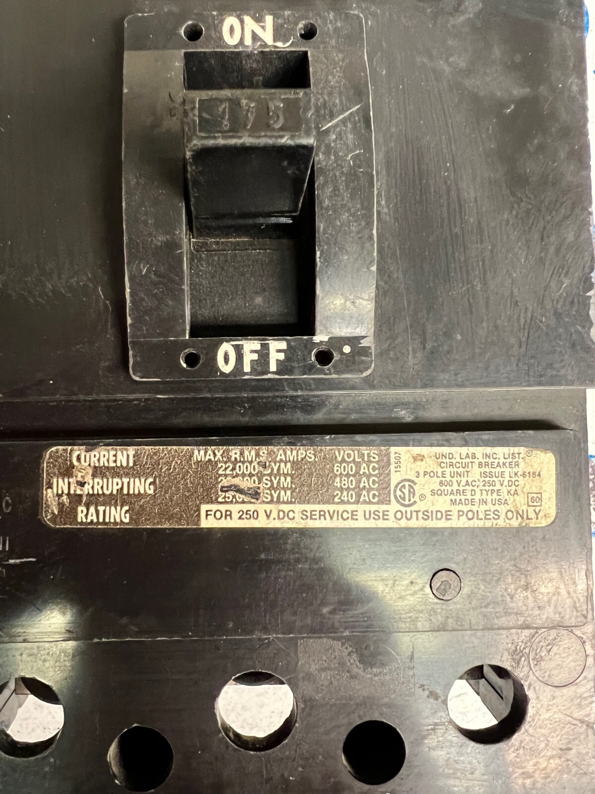 Square D KAL36175, 175 Amp, 600 Volt, 3 Pole, Black, Circuit Breaker -WARRANTY