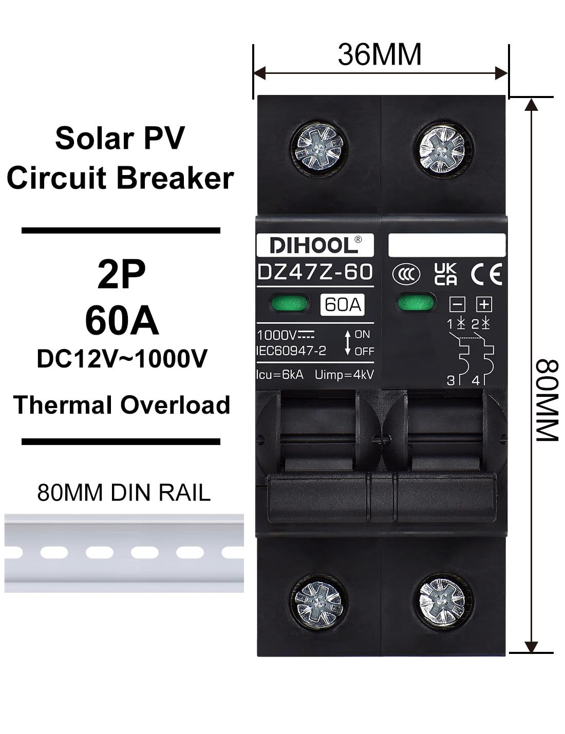 60 Amp DC Circuit Breaker DIN Rail Mount Solar Disconnect Switch 2P 1000V