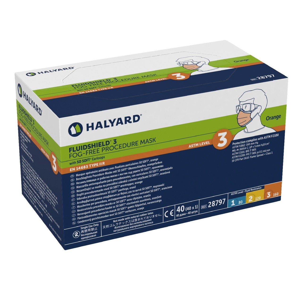 Halyard 47147 Fog-Free FluidShield Procedure Mask Pleated, Earloops ASTM Level 3