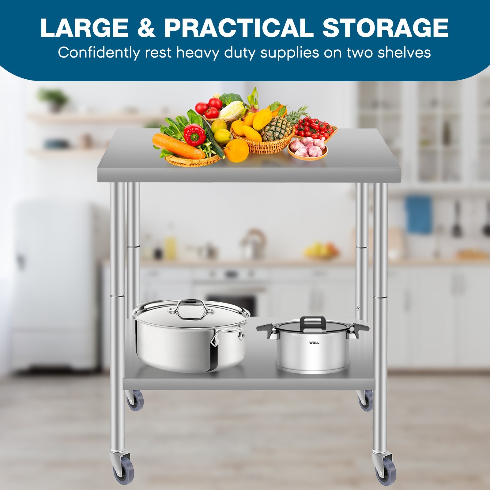 36×24″ stainless steel worktable on wheels for kitchen or garage