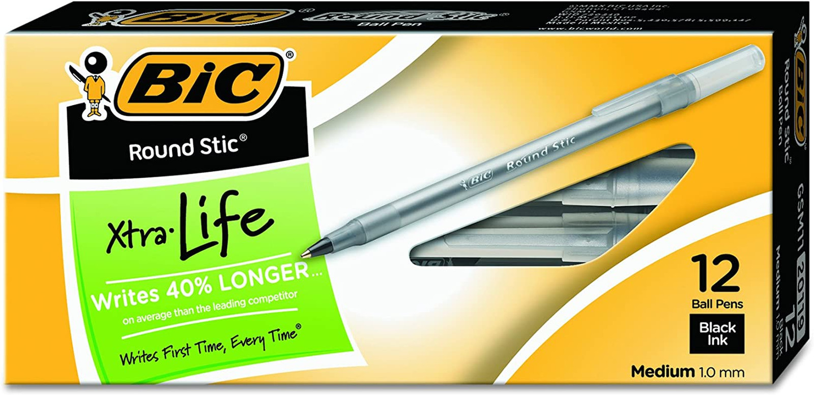 round Stic Xtra Life Ballpoint Pen, Medium Point (1.0Mm), Black, 12-Count