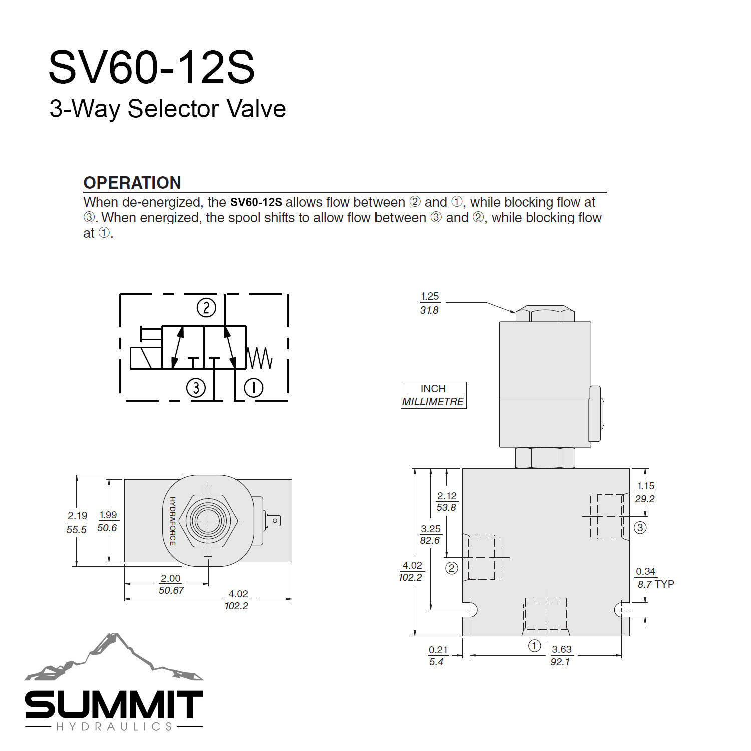 Hydraulic Selector Diverter Valve, 3-Way, #12 SAE Ports, 16 GPM, 12v DC, 3500PSI