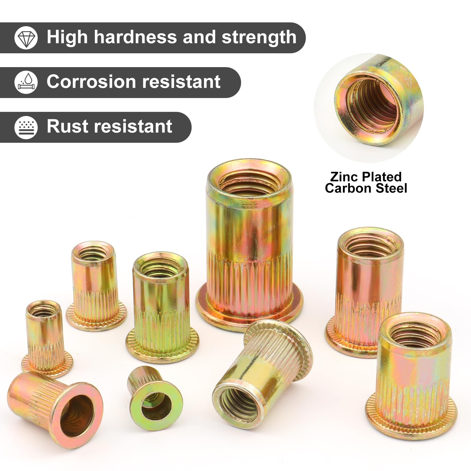 VGBUY 200Pcs 10-32UNC Rivet Nut Carbon Steel Zinc 10-32, Yellow