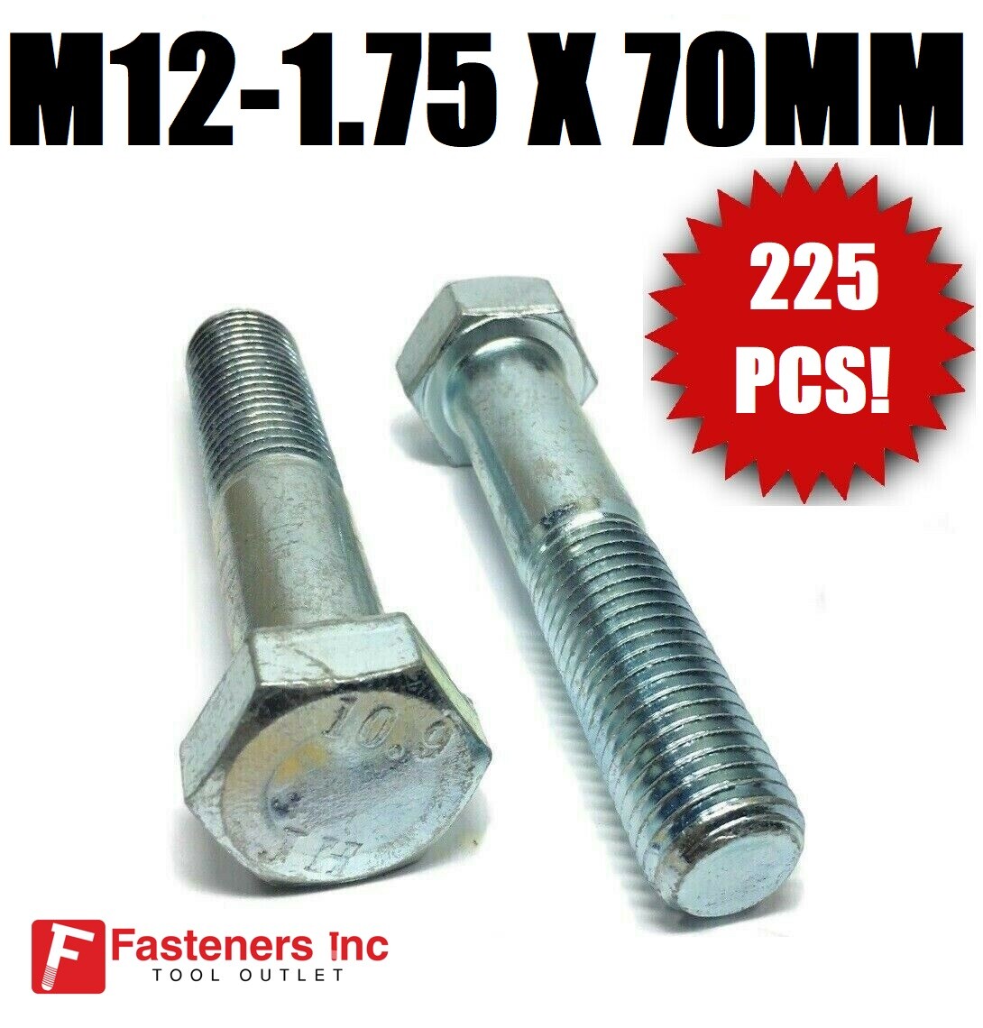 (Qty 225) M12-1.75 x 70MM Hex Bolt Zinc Plated Grade 10.9 Cap Screw Metric