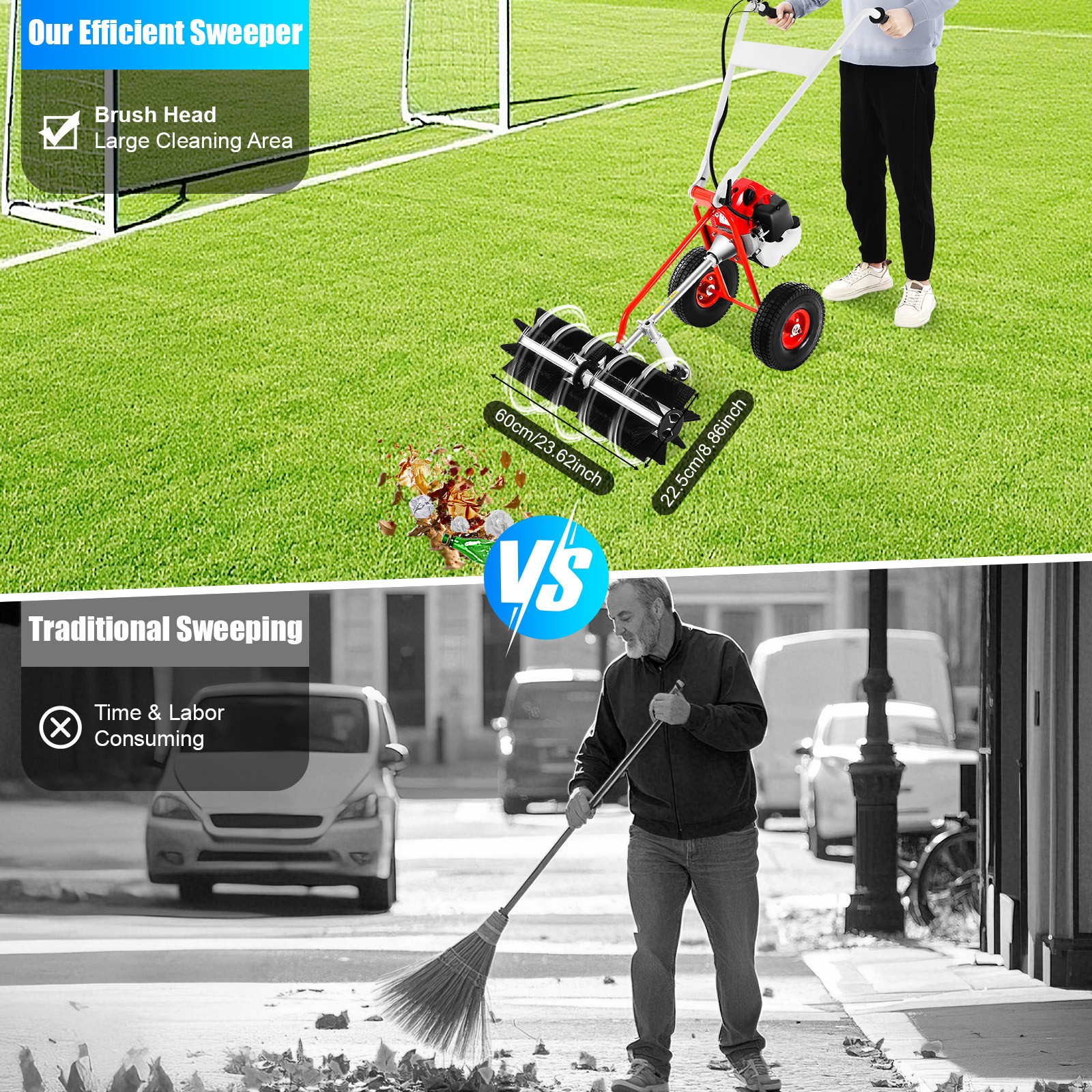43CC 1.7HP Walk Behind Power Sweeper Broom 2-Stroke Gas Engine Sweeper Lawn Turf