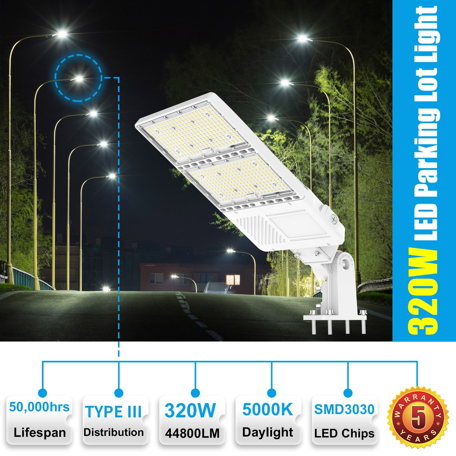 White LED Parking Lot Light 320W Dusk to Dawn Commercial Shoebox Fixture 48000Lm