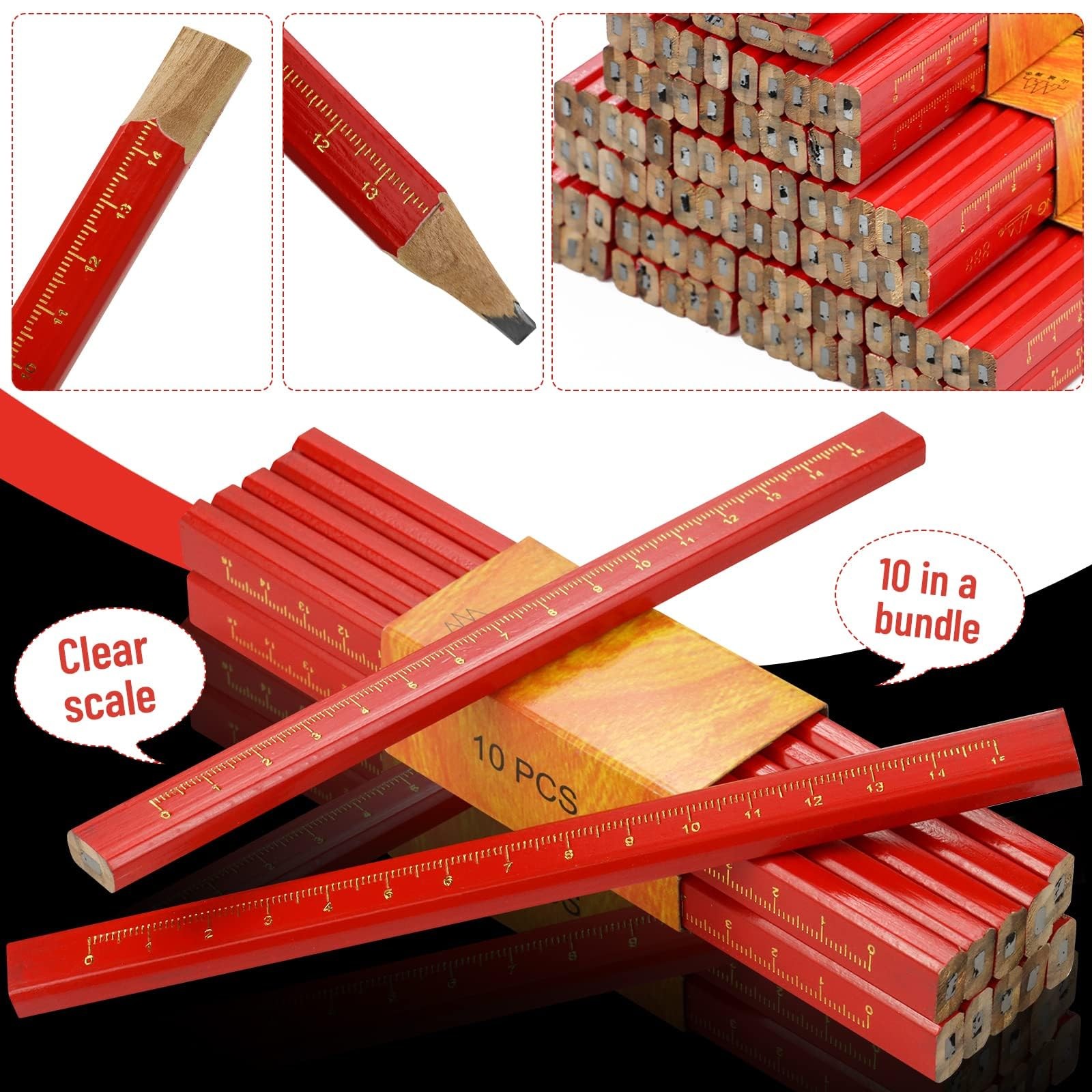 WYOMER 100 Pcs Carpenter Pencils, Octagonal Hard 1 Count (Pack of 100), Red