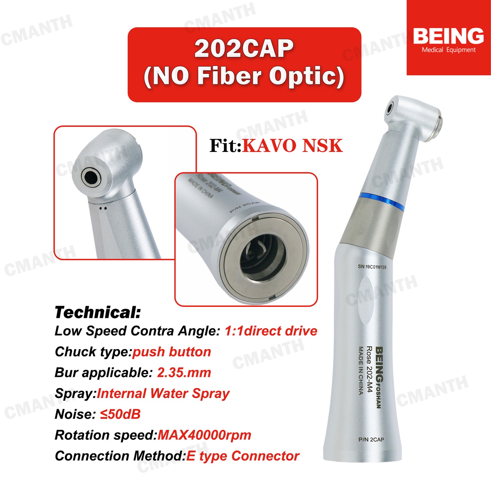 BEING Dental Low Speed Handpiece Contra Angle1:1 20:1Fiber Optic2/4/6H Air Motor