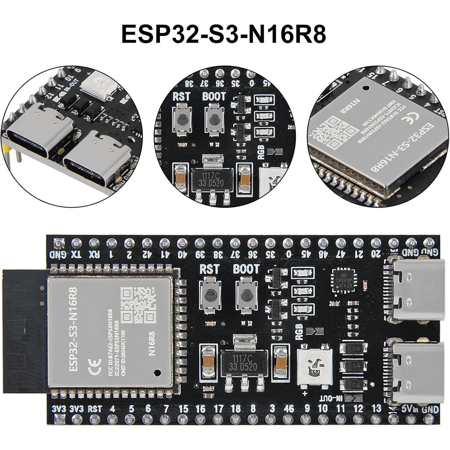 3PCS ESP32-S3 N16R8 Development Board Dual-Mode Type-C WIFI Bluetooth Unsoldered
