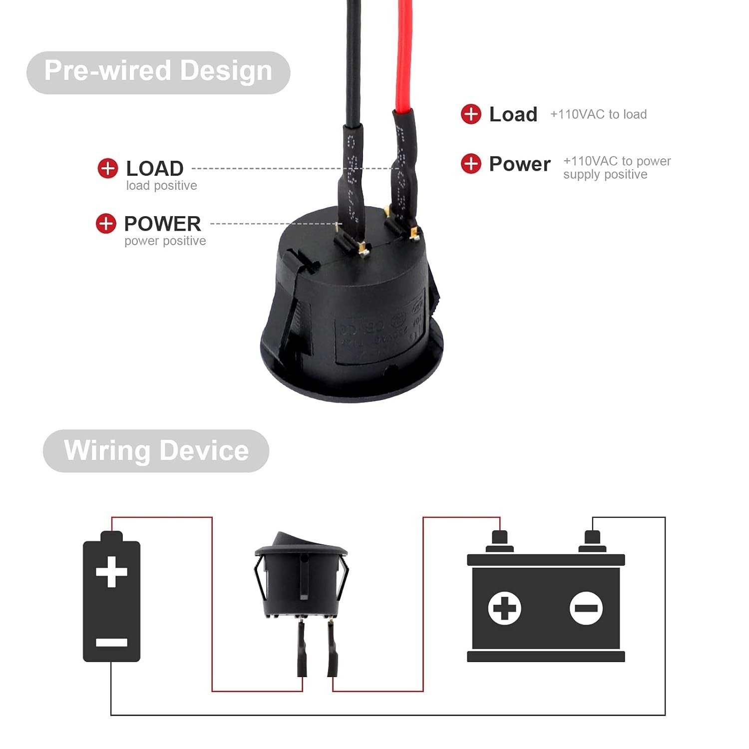 Round Mini Rocker Switch 6-Pack 12V DC ON Off Pre-Wired for Boat Car 6A 250V AC