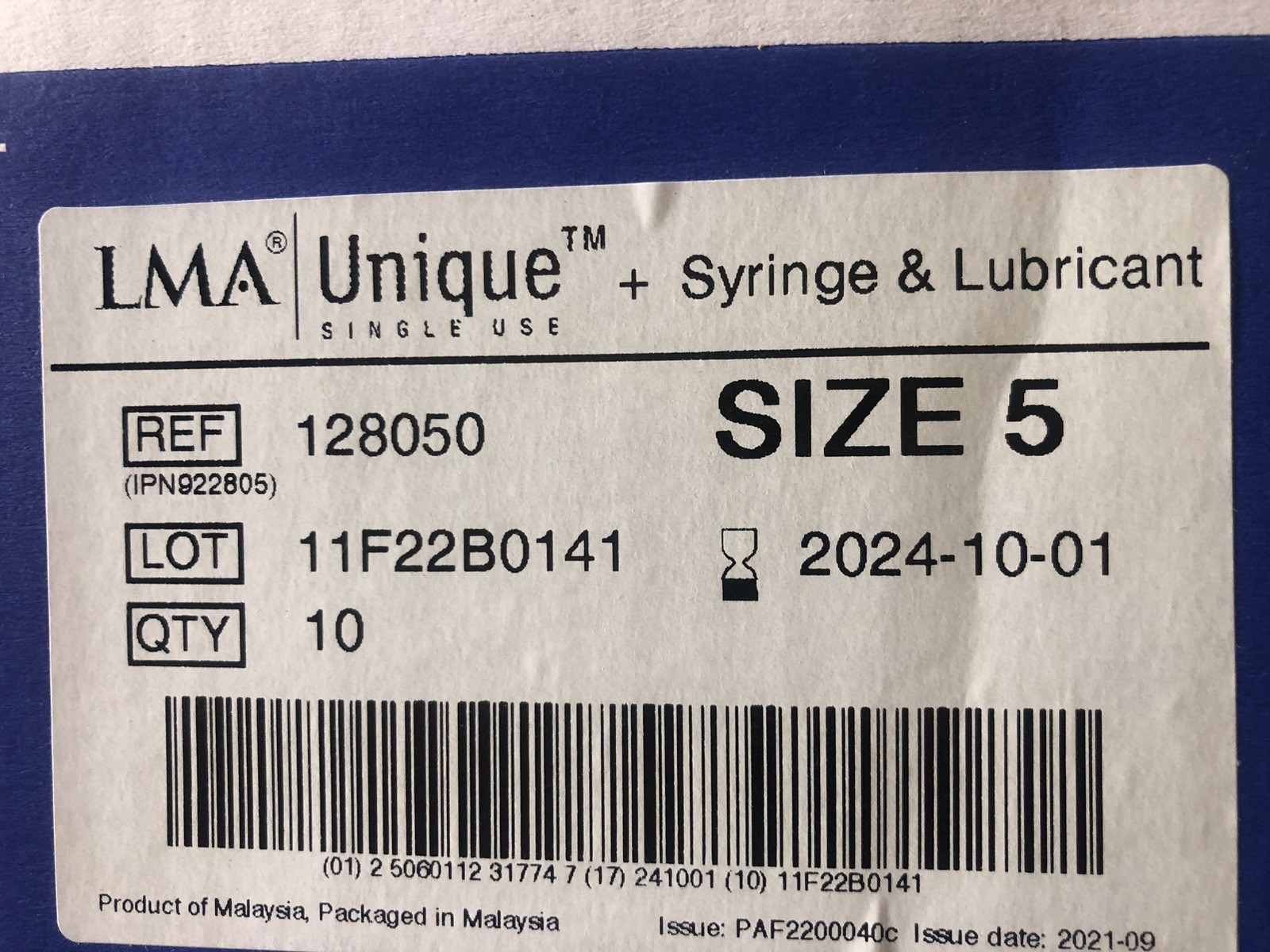 (10) LMA Unique Teleflex Single Use Mask Adult Size 5 Ref#128050 Exp. Date 2024