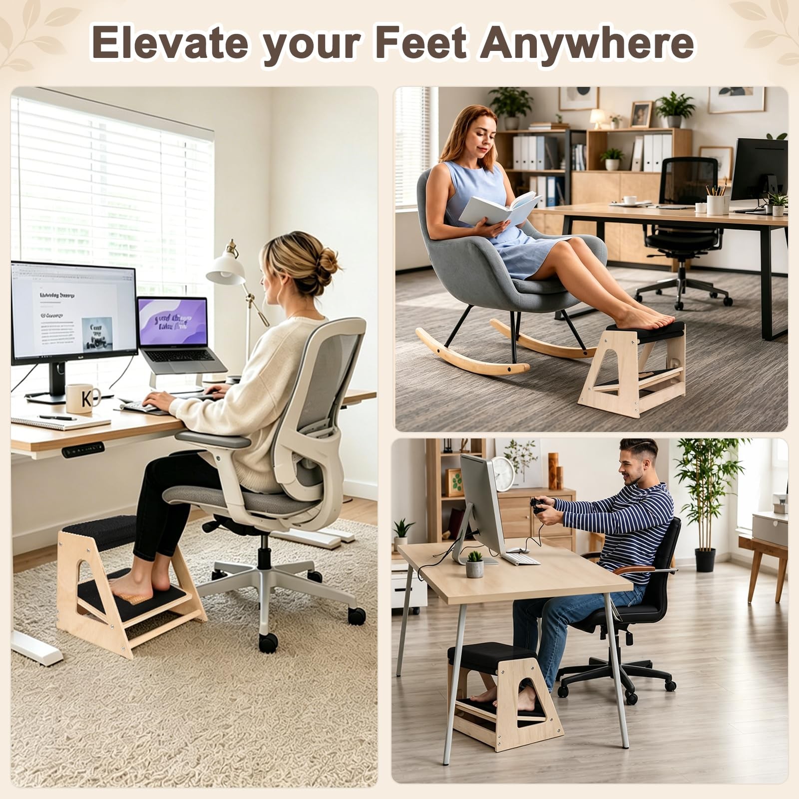 Wooden Foot Rest Under Desk At Work – 3-height Adjustable Ergonomic Foot Stool