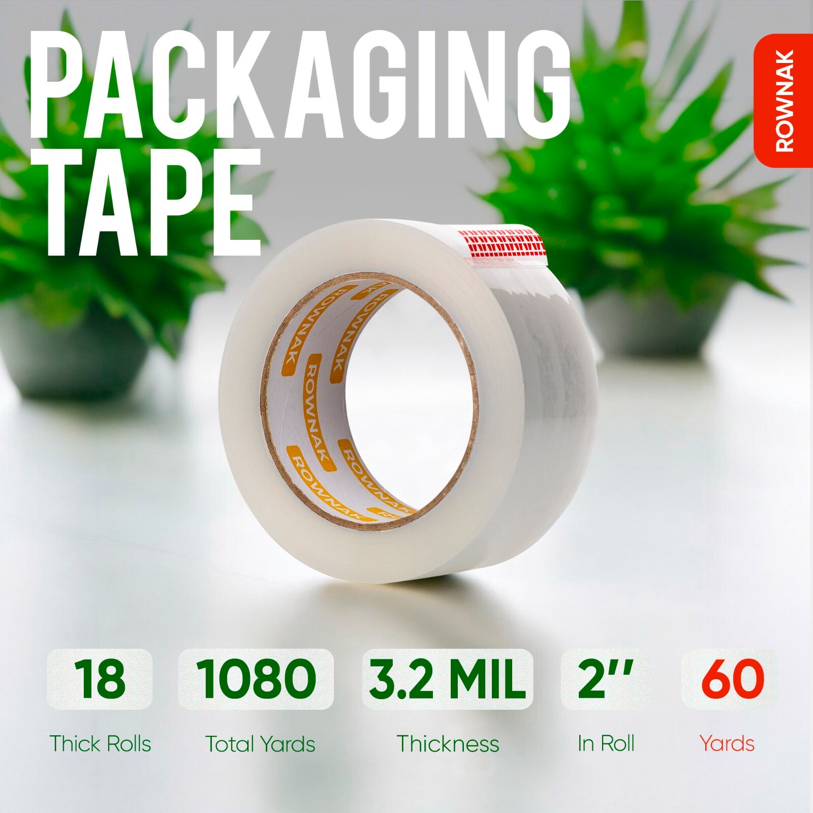 ROWNAK Clear Packaging Tape 12rolls–3.2mil Thick, 2.0 inches Wide,60 Yards Roll